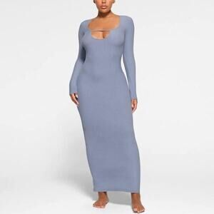 Skims Soft Lounge Light Blue Long Sleeve Keyhole Maxi Dress